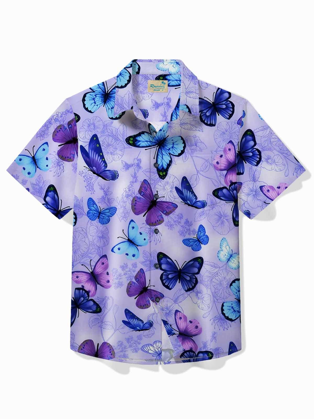 Royaura® Beach Holiday Purple Men's Hawaiian Shirt Butterfly Tropical Flower Art Camp Pocket Shirt Big Tall