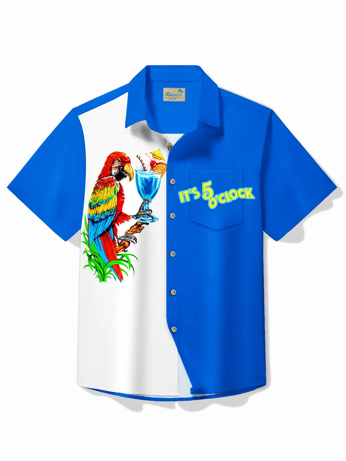 Royaura® Vintage Bowling Parrot 5 O'clock Print Chest Pocket Shirt Plus Size Men's Shirt
