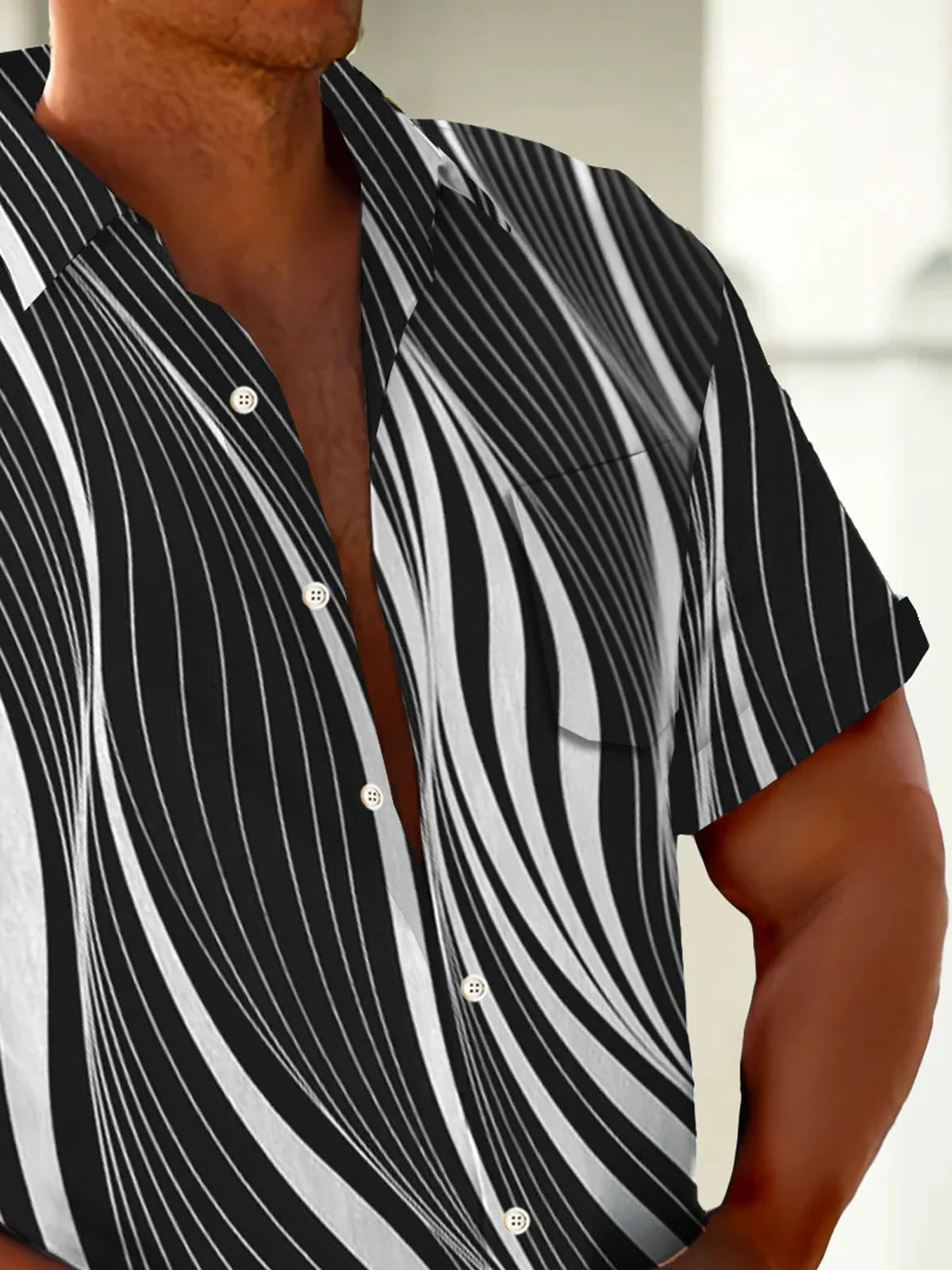Royaura®Retro Creative Art Stripe Print Men's Button Pocket Short Sleeve Shirt