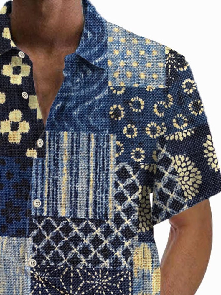 Royaura®Retro Geometric Contrast Print Men's Button Pocket Short Sleeve Shirt