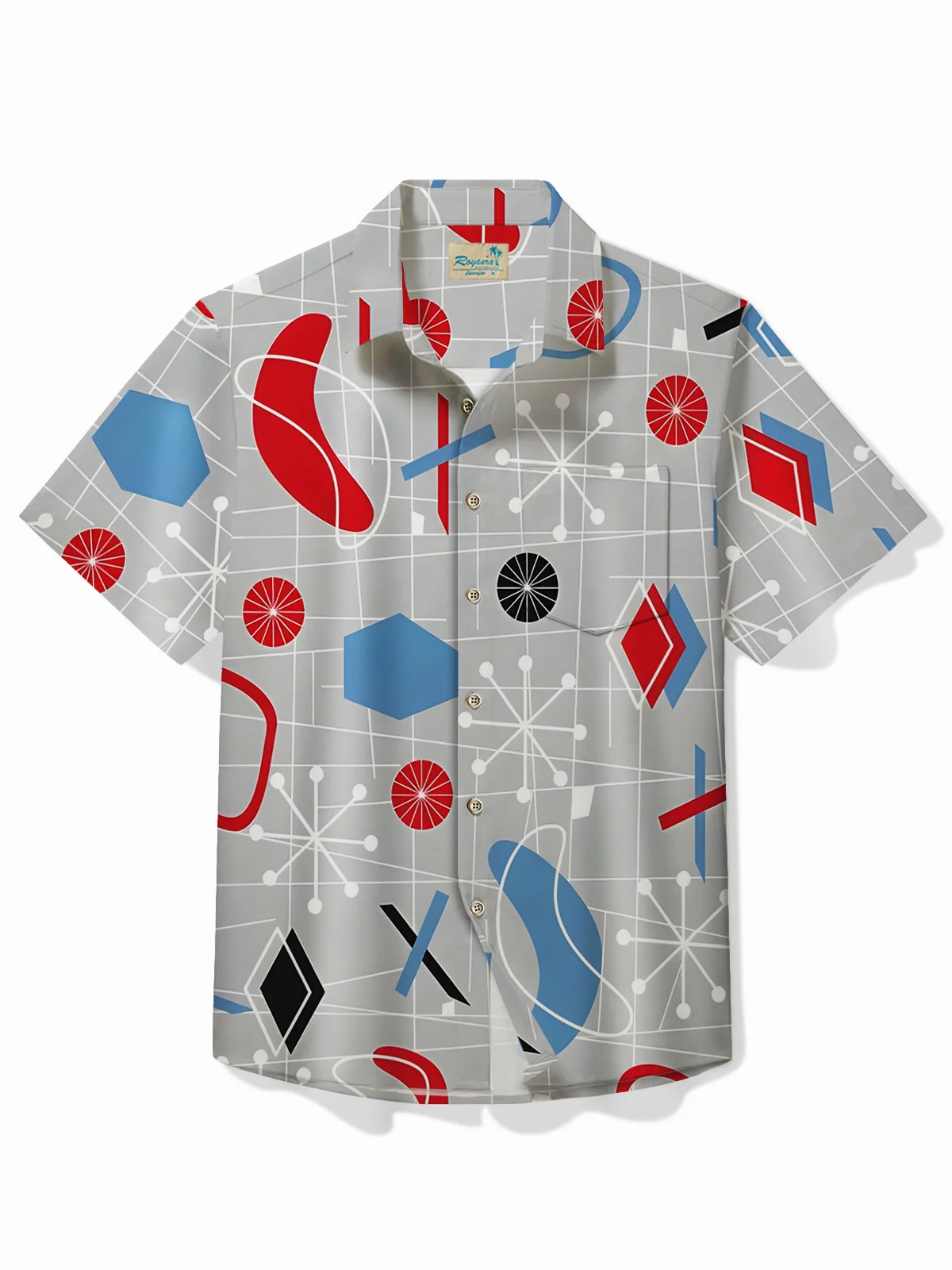 Royaura® 60s Retro Mid-Century Geometric Men's Shirt Stretch Camp Pocket Shirt Big Tall