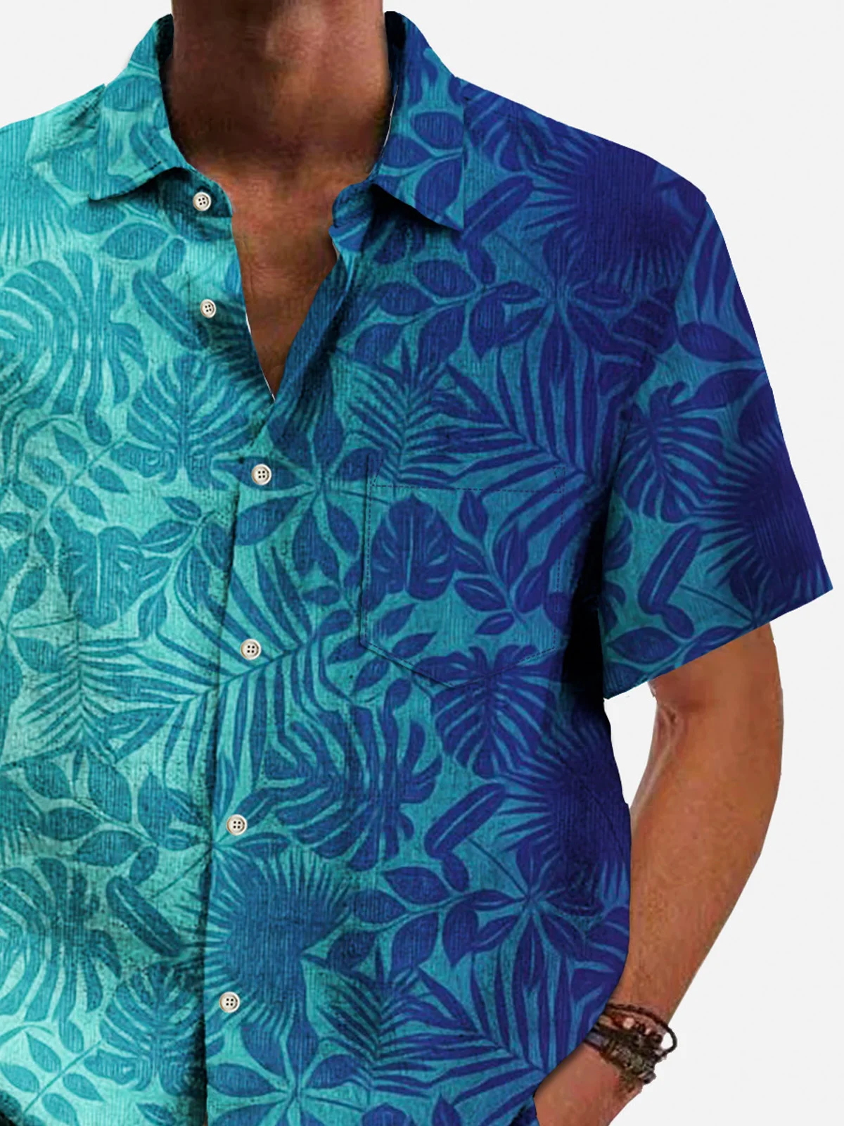 Royaura® Beach Vacation Men's Hawaiian Shirt Tropical Gradient Leaves Stretch Camp Pocket Shirt Big Tall