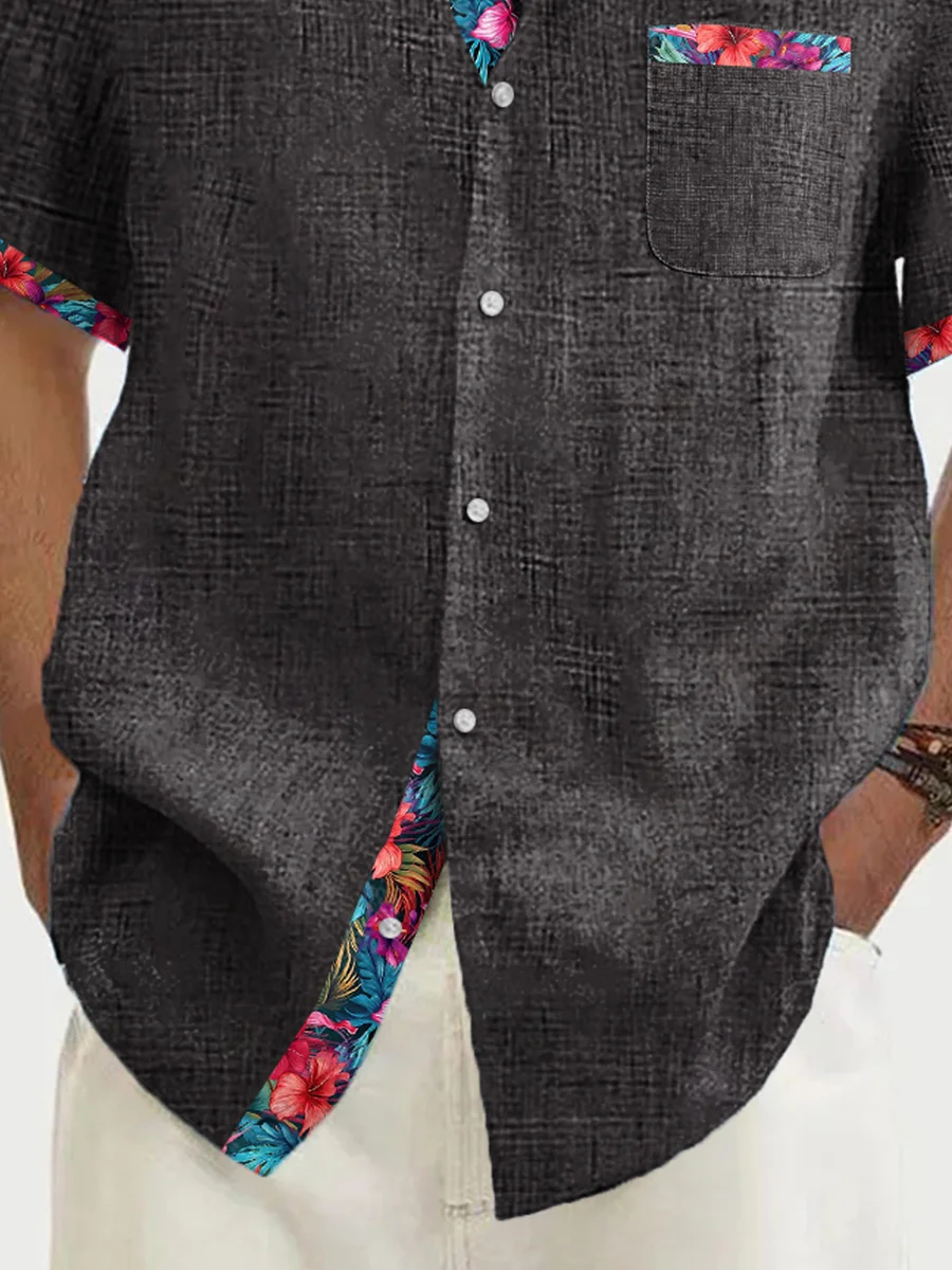 Royaura® Textured Men's Hawaiian Shirt Floral Art Patchwork Men's Pocket Camp Shirt Big Tall