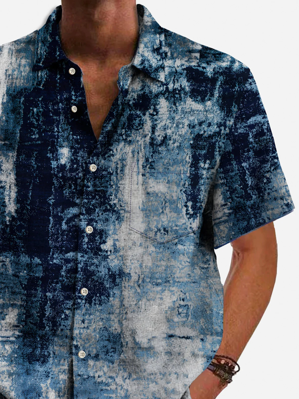 Royaura® 60's Retro Art Textured Men's Shirt Wrinkle Free Seersucker Pocket Camp Art Shirt  Big Tall