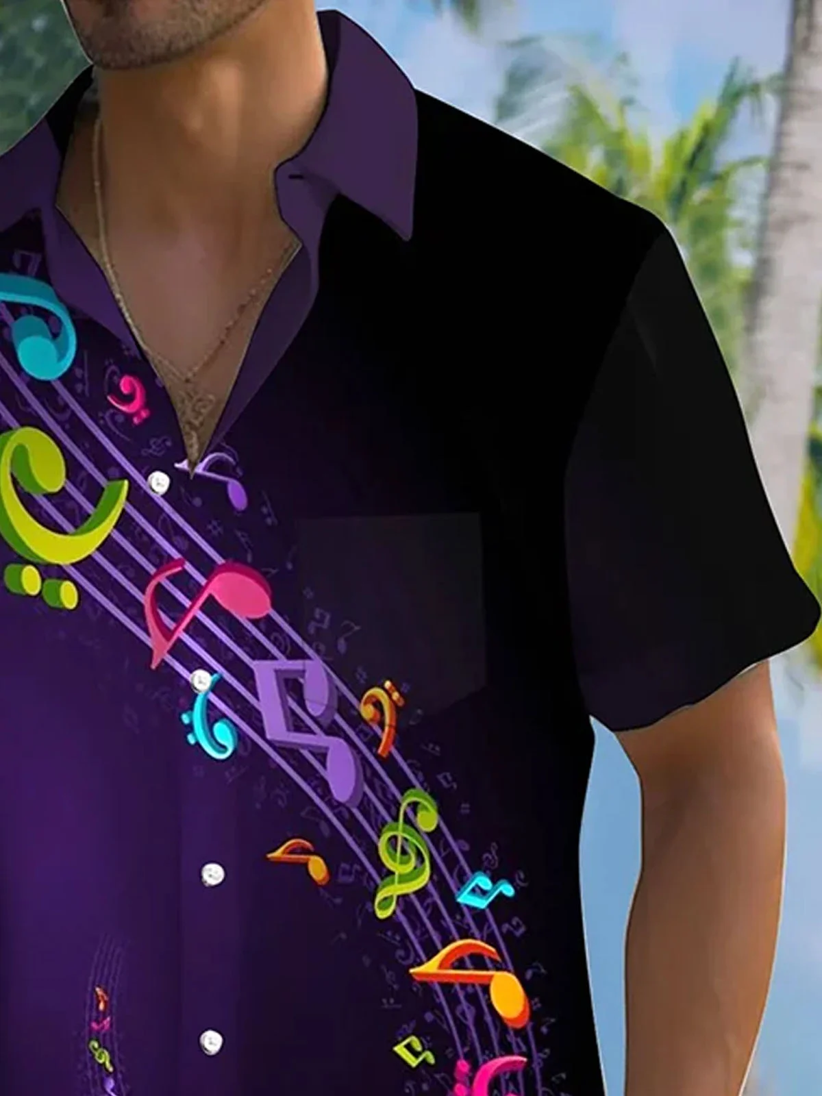 Royaura®Retro Music Note Print Men's Button Pocket Short Sleeve Shirt