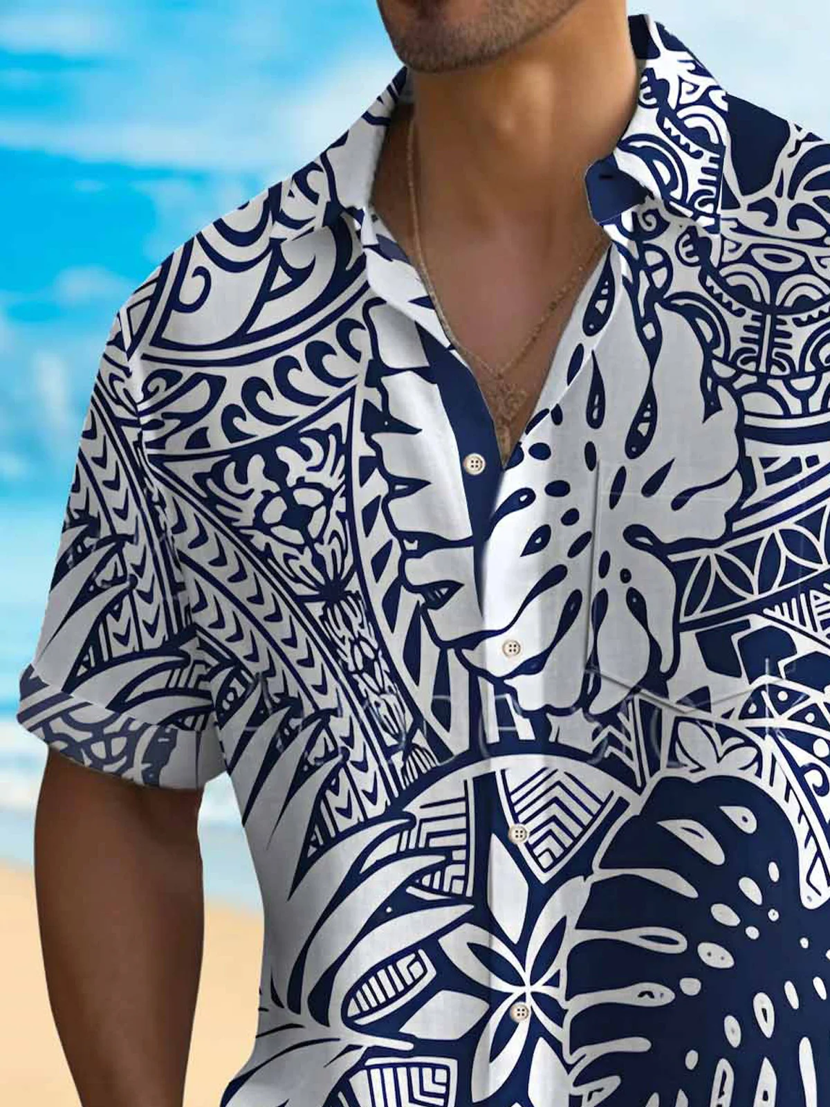 Royaura® Beach Holiday TAPA Geometric Men's Hawaiian Shirt Wrinkle Free Seersucker Stretch Camp Pocket Shirt Big Tall