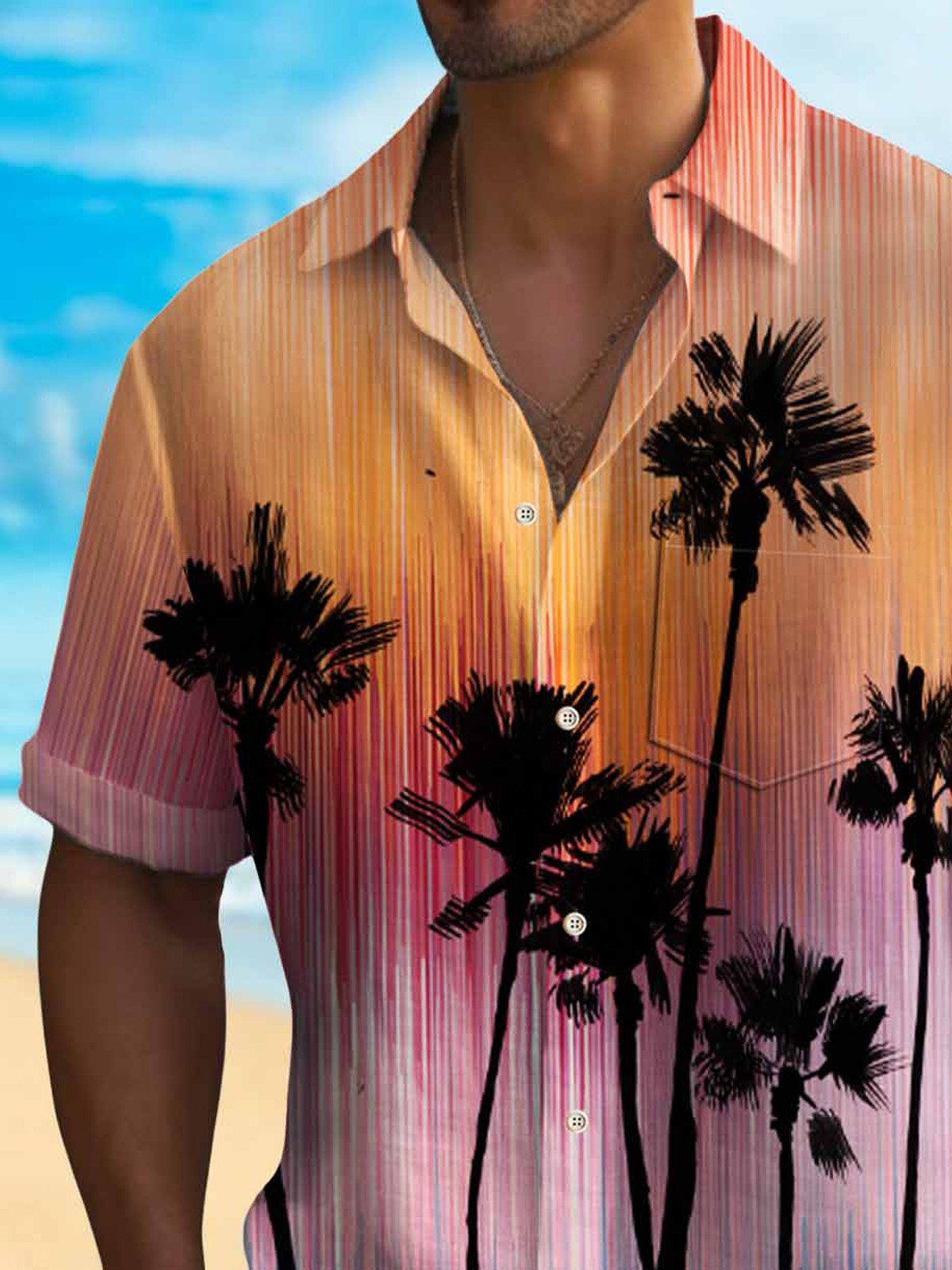 Royaura® Beach Holiday Ombre Men's Hawaiian Shirt Coconut Tree Stretch Camp Pocket Striped Shirt Big Tall