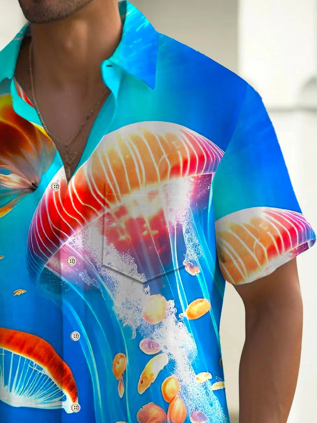 Royaura®Hawaii Sea Life Jellyfish 3D Creative Art Print Men's Button Pocket Short Sleeve Shirt