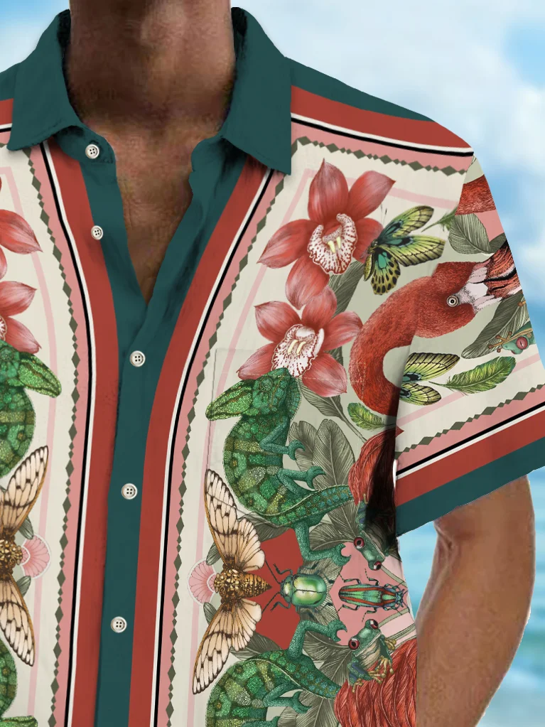 Royaura® Vintage Flamingo Print Chest Pocket Shirt Plus Size Men's Shirt