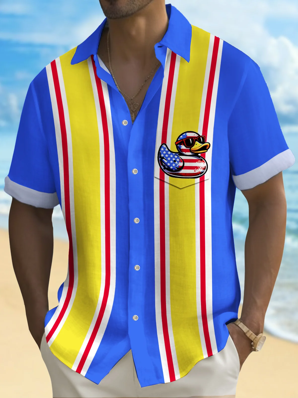 Royaura® Vintage Bowling American Flag Duck Print Chest Pocket Shirt Plus Size Men's Shirt