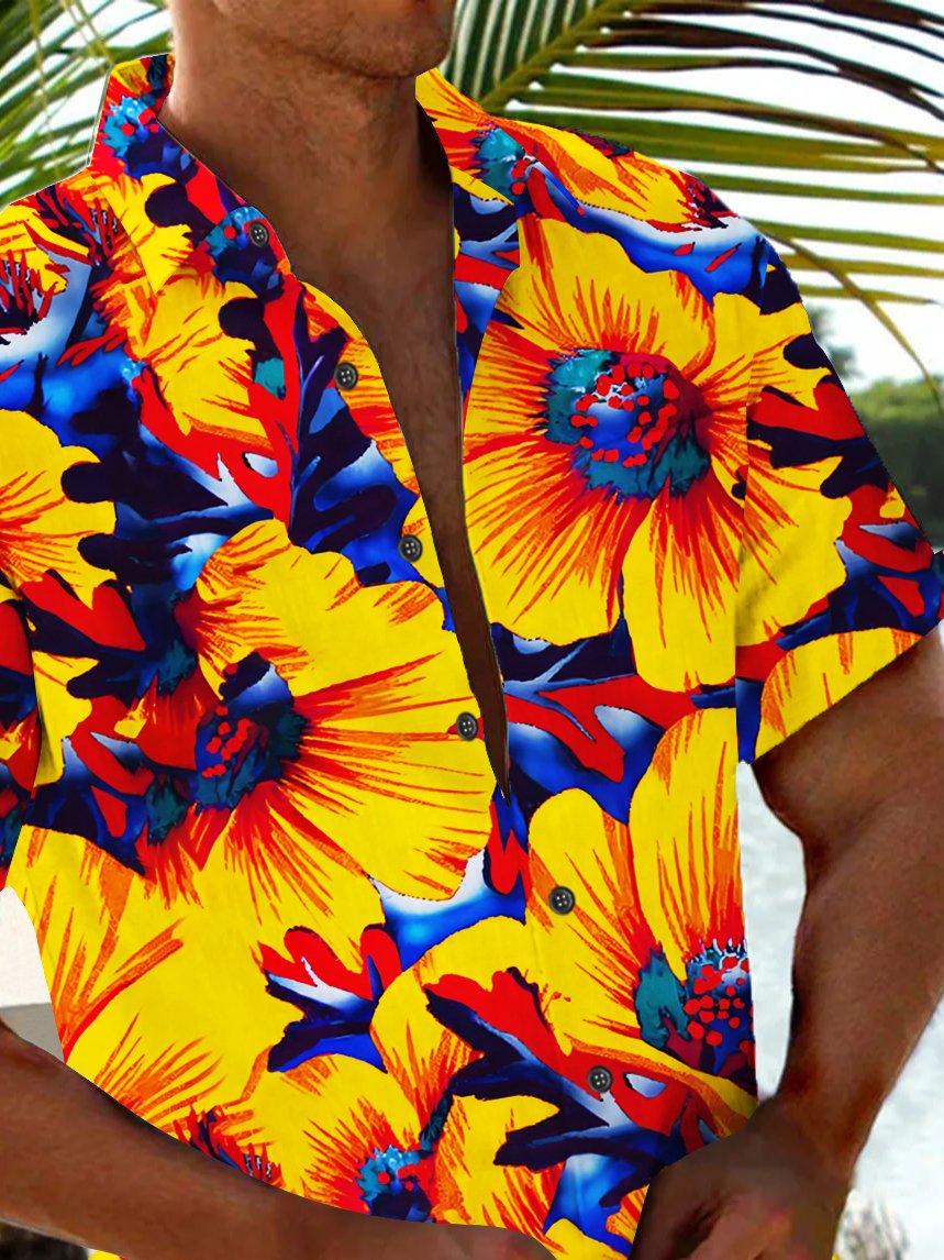 Royaura® Beach Vacation Men's Hawaiian Shirt Yellow Floral Print Pocket Camping Shirt