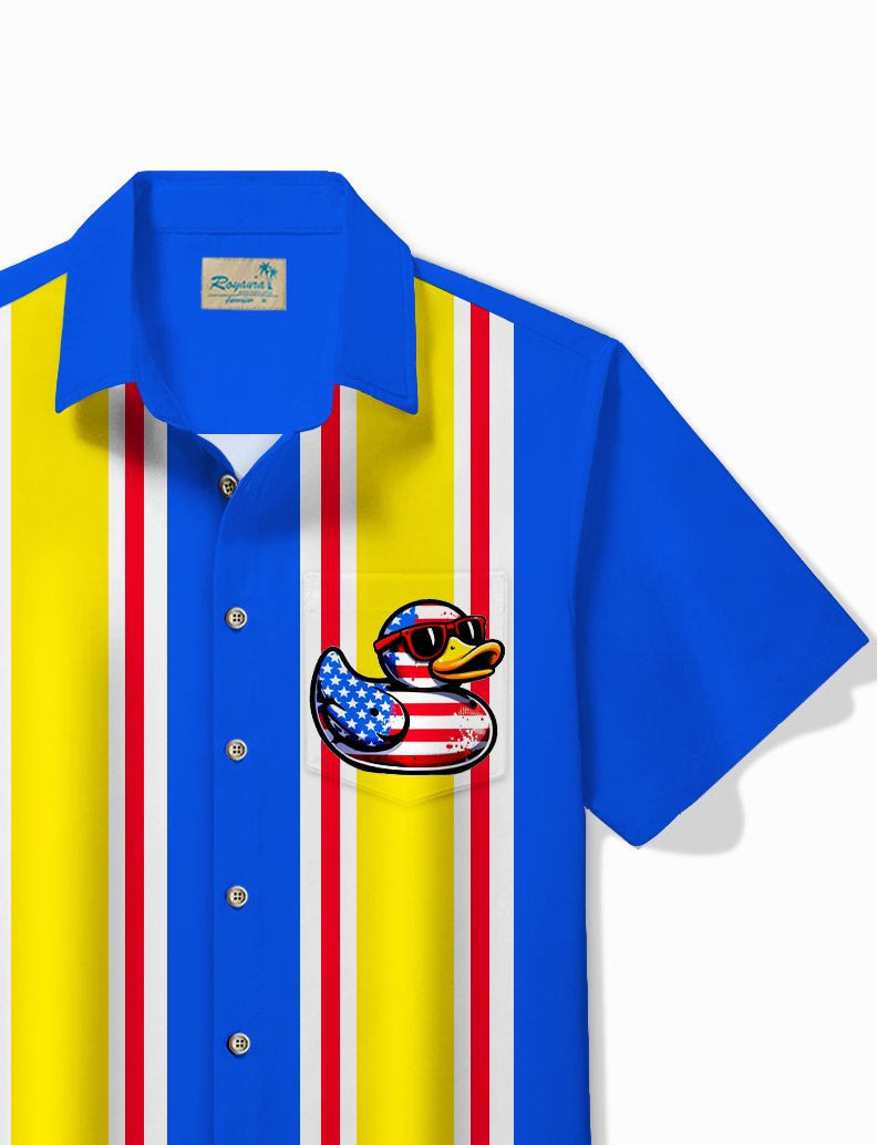 Royaura® Vintage Bowling American Flag Duck Print Chest Pocket Shirt Plus Size Men's Shirt