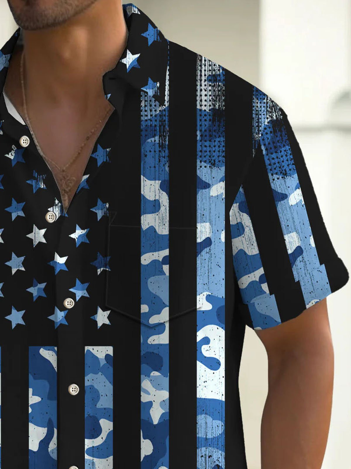 Royaura® Vintage Flag Print Men's Button Pocket Short Sleeve Shirt