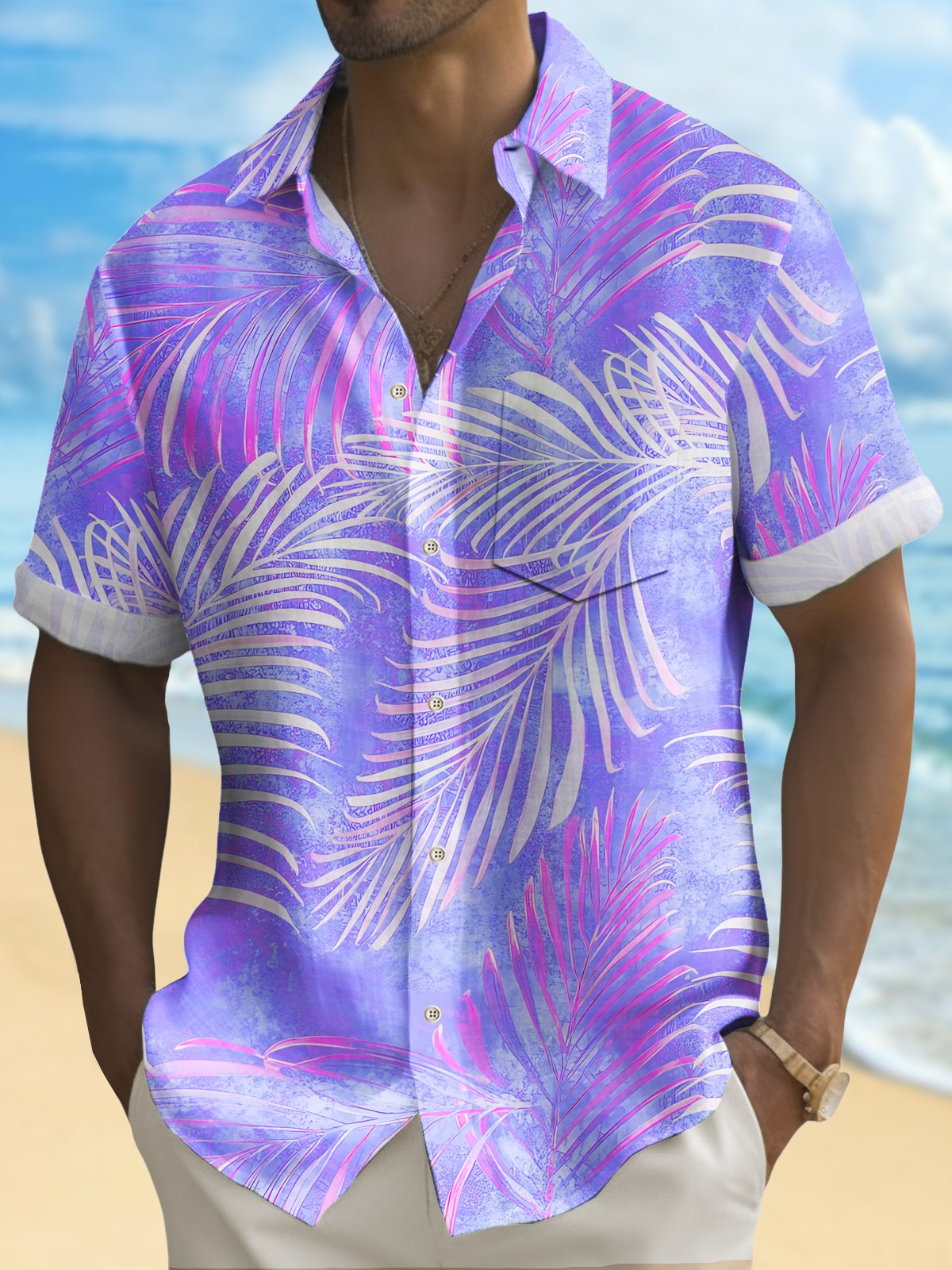 Royaura® Beach Vacation Men's Hawaiian Shirt Gradient Botanical Print Stretch Pocket Camping Shirt Big Tall