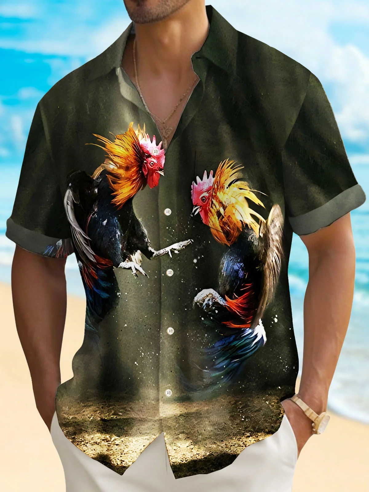 Royaura® Retro Funny Kung Fu Chicken Cartoon Shirt Pocket Camp Animal Shirt Big Tall