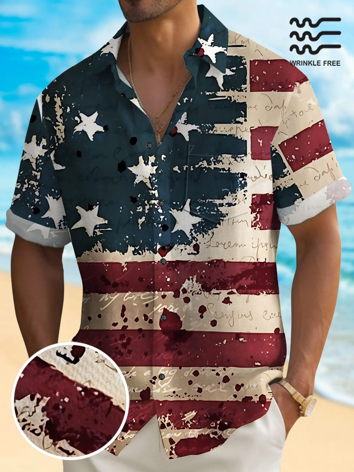 Royaura® Vintage American Flag Men's Hawaiian Shirt Wrinkle Free Seersucker The Fourth Of July Shirt Big Tall
