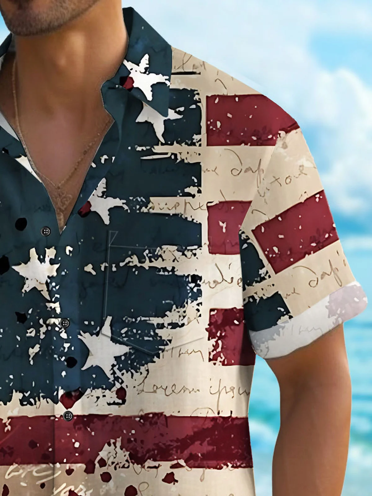 Royaura® Vintage American Flag Men's Hawaiian Shirt Wrinkle Free Seersucker The Fourth Of July Shirt Big Tall