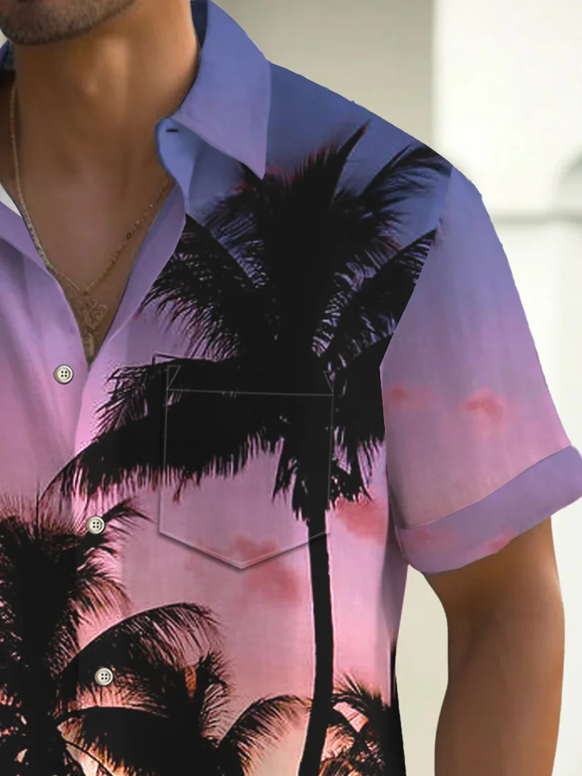 Royaura® Hawaiian Coconut Tree Print Men's Button Pocket Short Sleeve Shirt