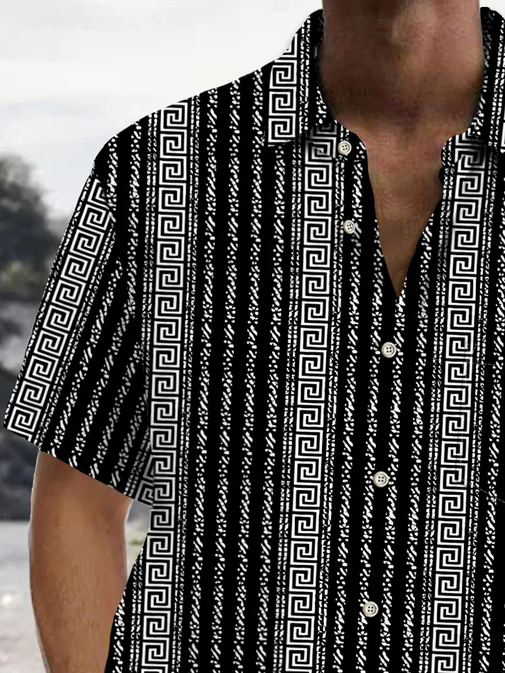 Royaura® Vintage Greek Stripe Print Chest Pocket Shirt Plus Size Men's Shirt