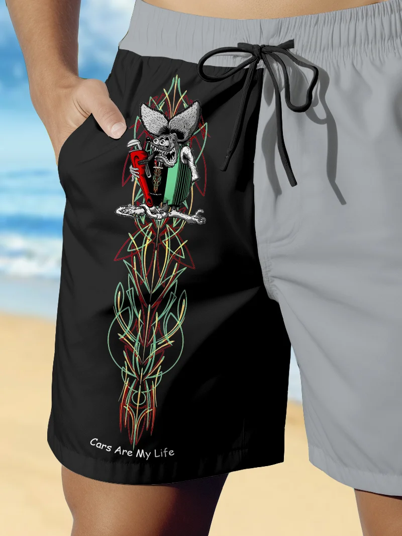 Royaura® Hawaiian Pinstripe Panel Print Men's Beach Shorts
