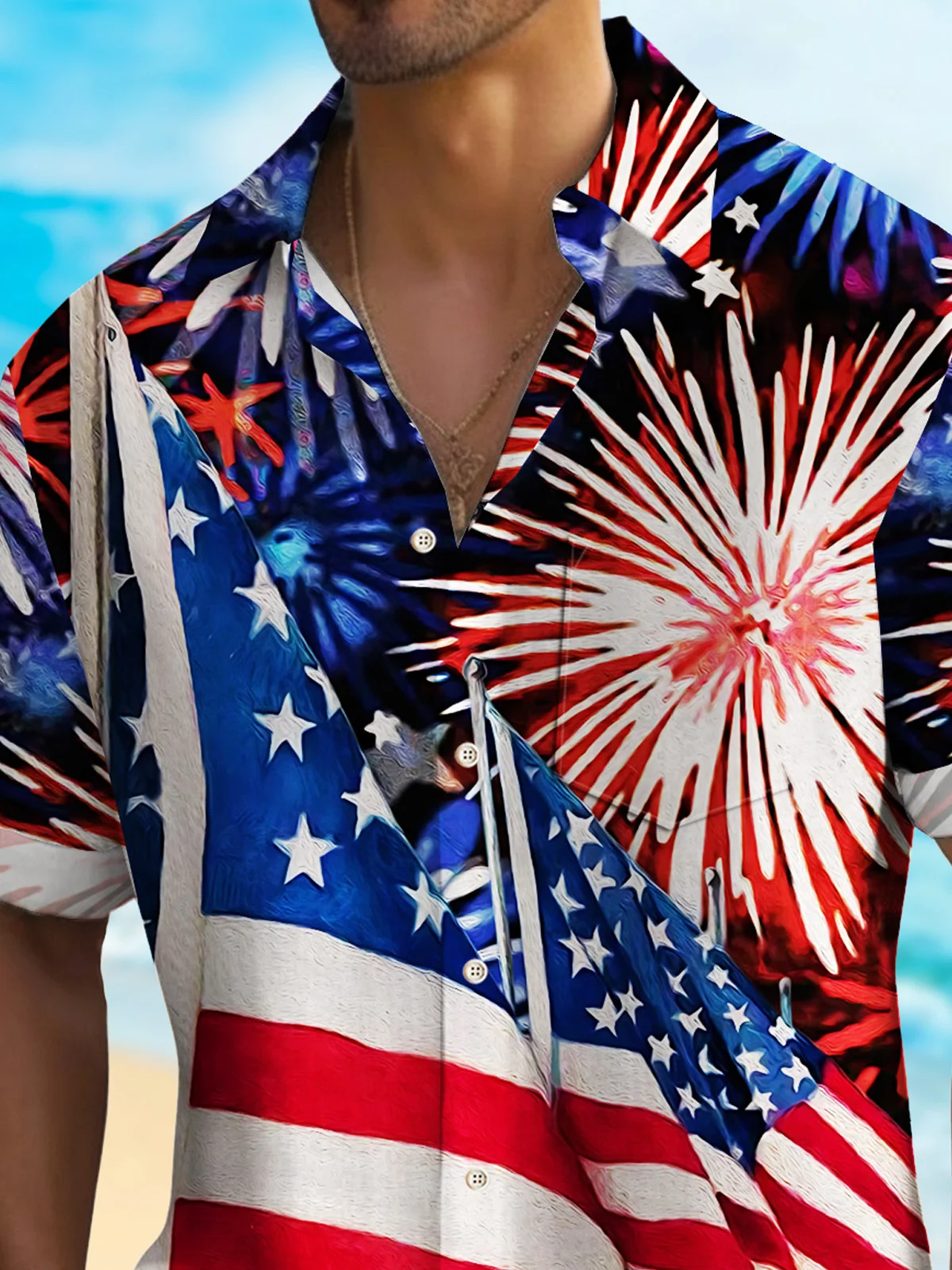 Royaura® American Flag Men's Hawaiian Shirt  Stretch Camp Pocket The Fourth Of July Shirt Big Tall