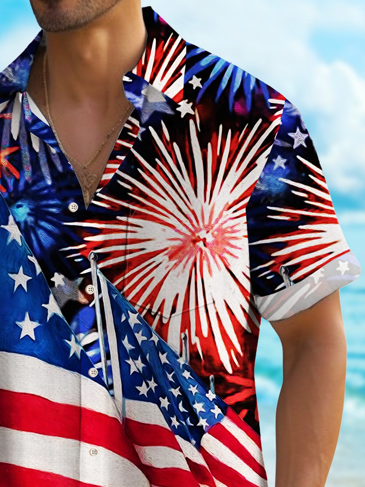 Royaura® American Flag Men's Hawaiian Shirt  Stretch Camp Pocket The Fourth Of July Shirt Big Tall