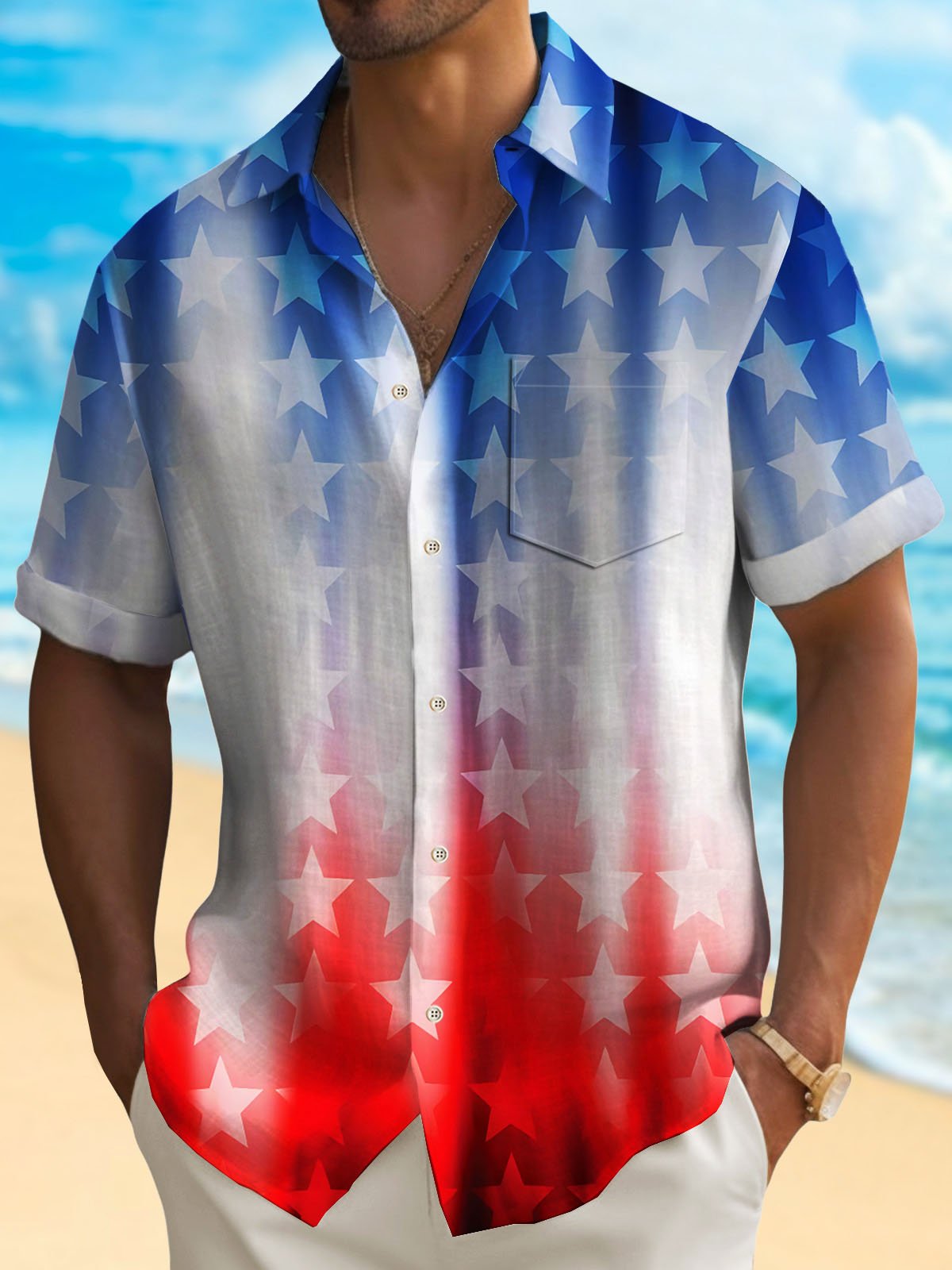Royaura® American Flag Men's Hawaiian Shirt Gradient Stretch Camp Pocket The Fourth Of July Shirt Big Tall