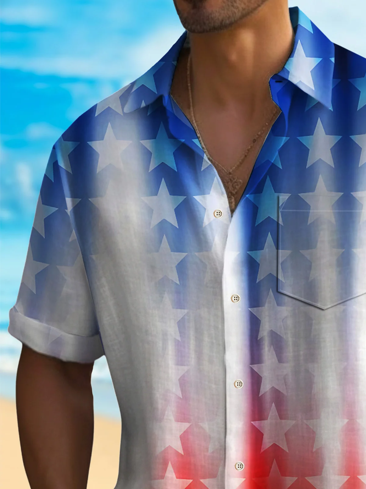 Royaura® American Flag Men's Hawaiian Shirt Gradient Stretch Camp Pocket The Fourth Of July Shirt Big Tall