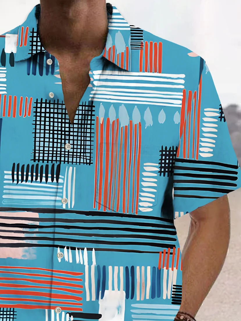Royaura® Vintage Bowling Geometric Line Print Chest Pocket Shirt Plus Size Men's Shirt