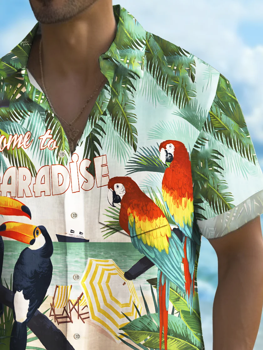 Royaura® Beach Vacation Men's Hawaiian Shirt Beach Parrot Toucan Print Pocket Camping Shirt