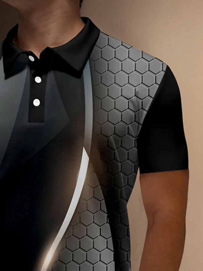 Royaura® Retro Gradient Geometric Print Men's Button Short Sleeve POLO Shirt