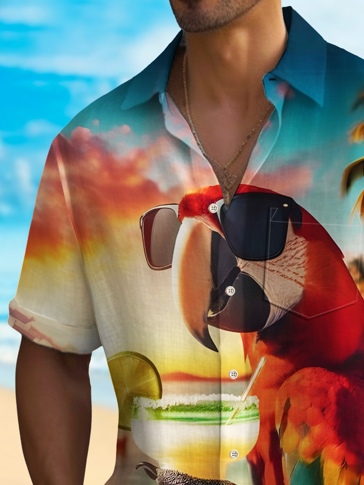 Royaura® Beach Vacation Parrot Men's Hawaiian Shirt Coconut Tree Sunset Aloha Pocket Shirt Big Tall