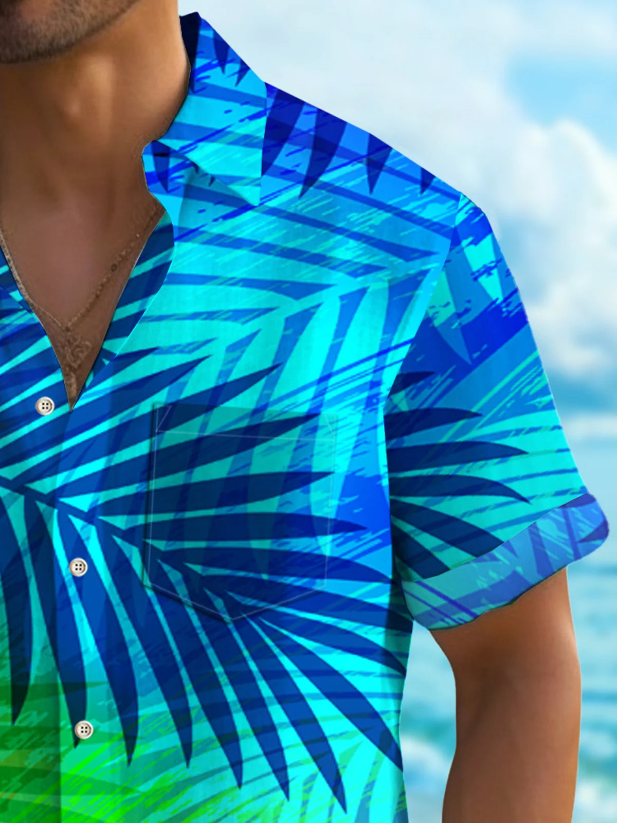 Royaura® Beach Vacation Men's Hawaiian Shirt Gradient Palm Leaf Stretch Pocket Camp Shirt Big Tall