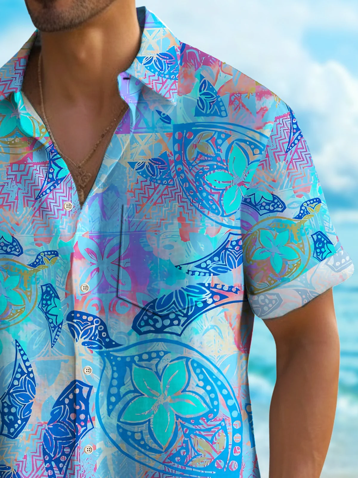 Royaura® Beach Vacation Turtle Men's Hawaiian Shirt TIKI Tropical Floral Aloha Pocket Shirt Big Tall