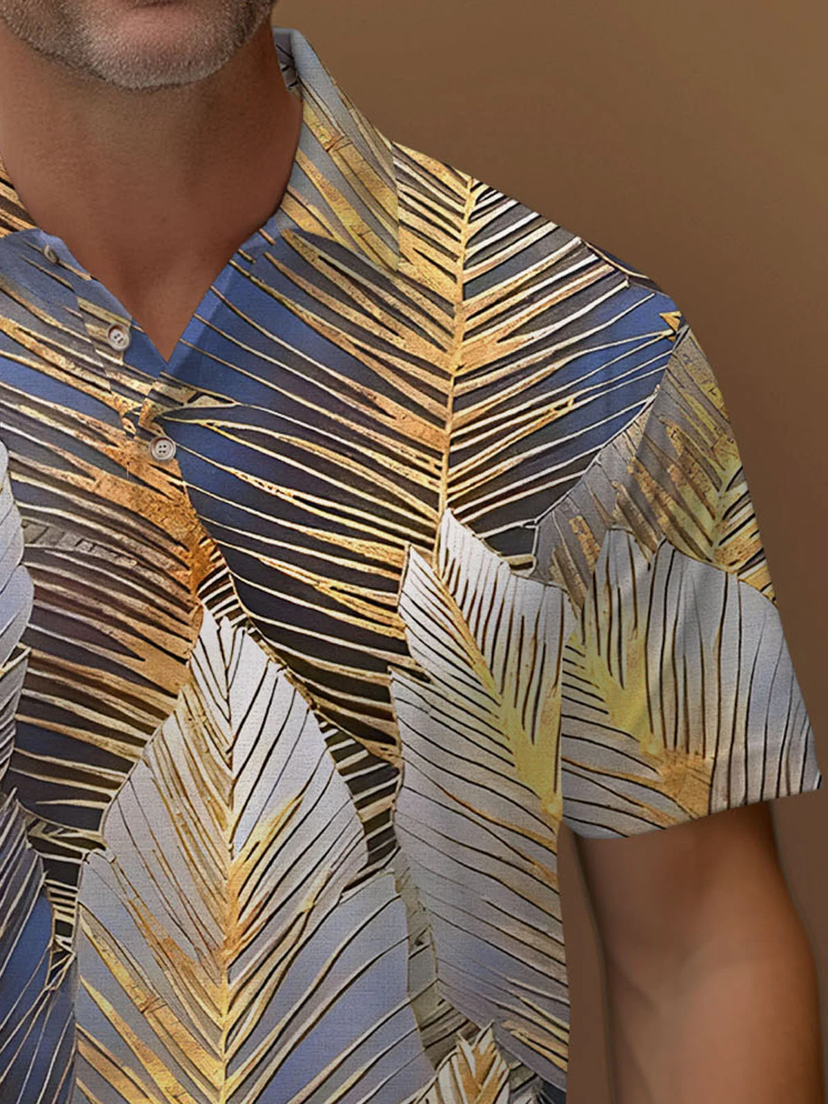 Royaura® Retro Gold Plant Leaf Print Men's Button Short Sleeve POLO Shirt