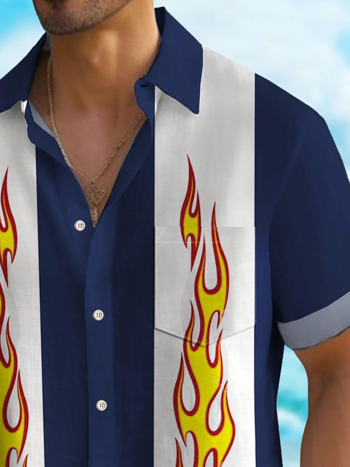 Royaura® 50's Vintage Men's Bowling Shirt Flame Art Pocket Camp Shirt Big Tall