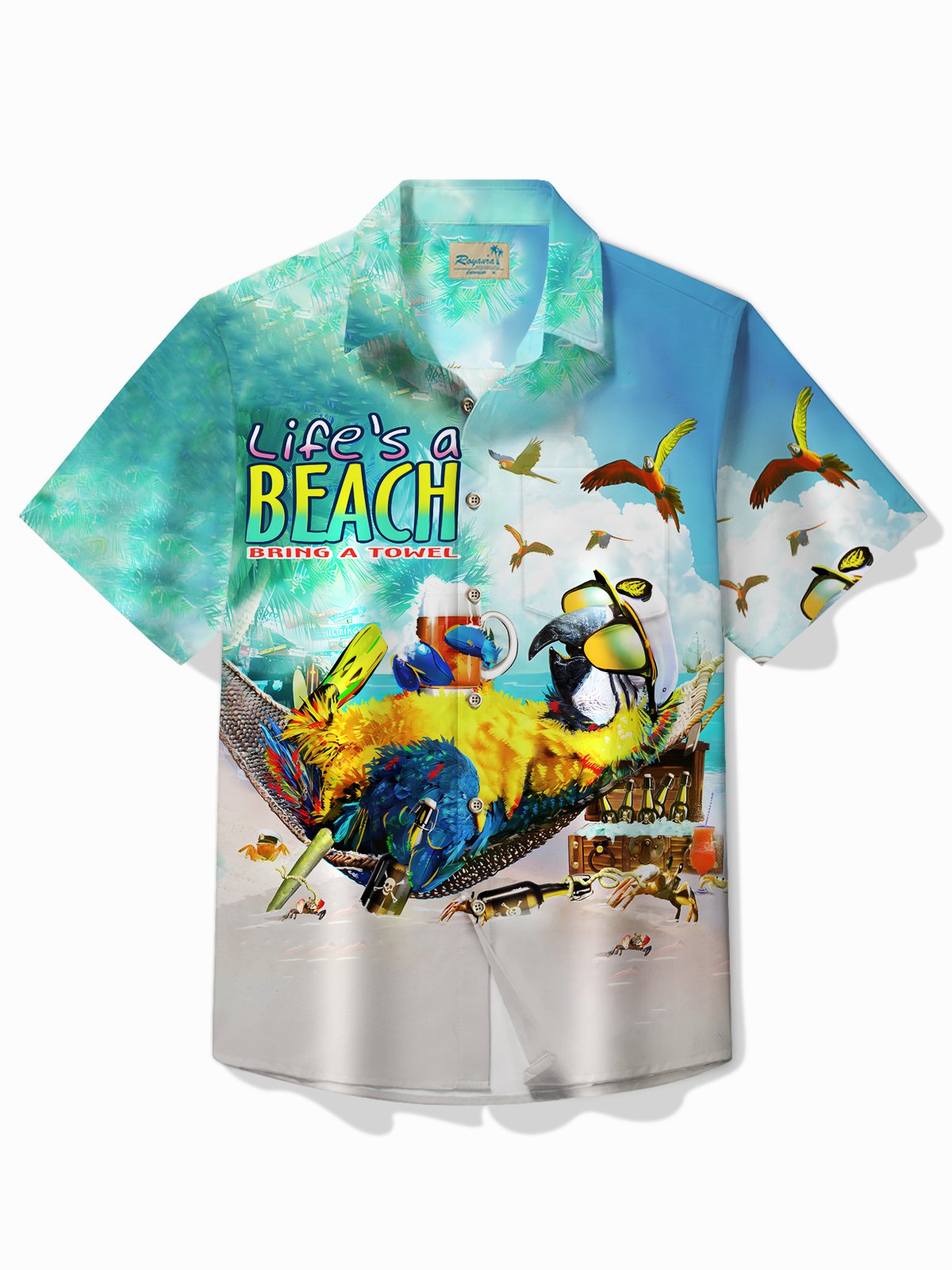 Royaura® Beach Vacation Men's Hawaiian Shirt Parrot Beach Print Pocket Camping Shirt