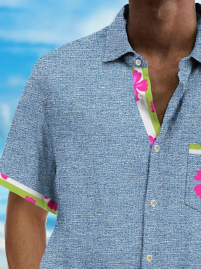 Royaura® Basic Hibiscus Flower Patchwork Printed Chest Pocket Shirt Plus Size Men's Hawaiian Shirt