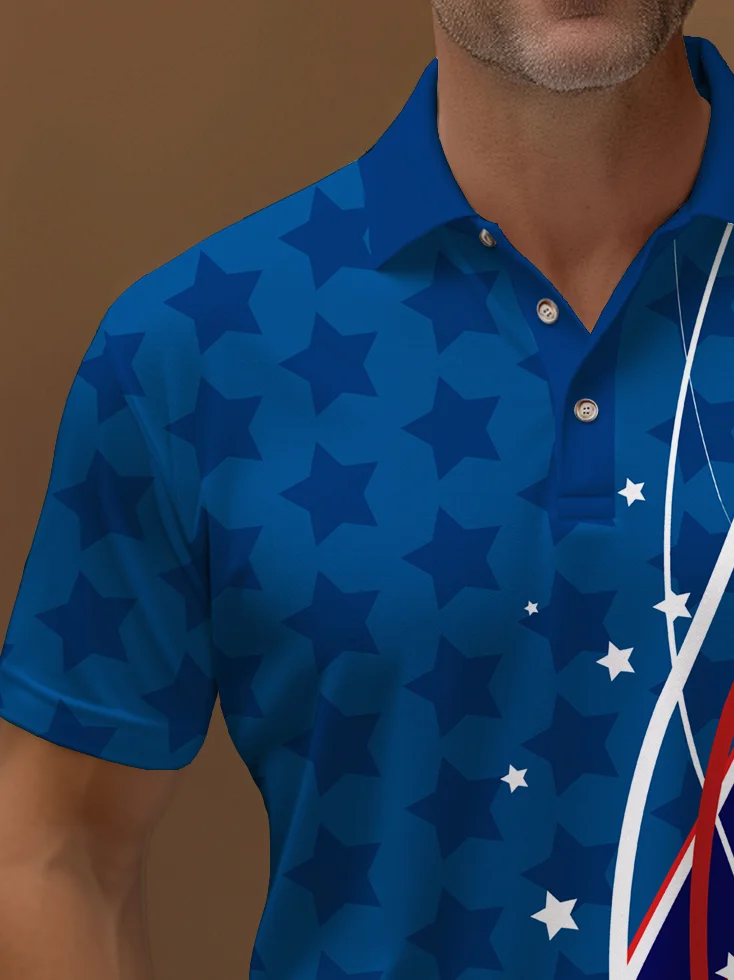 Royaura® Holiday American Flag Printed Polo Shirt Stretch Comfortable Camping Pullover Polo Shirt Big Tall
