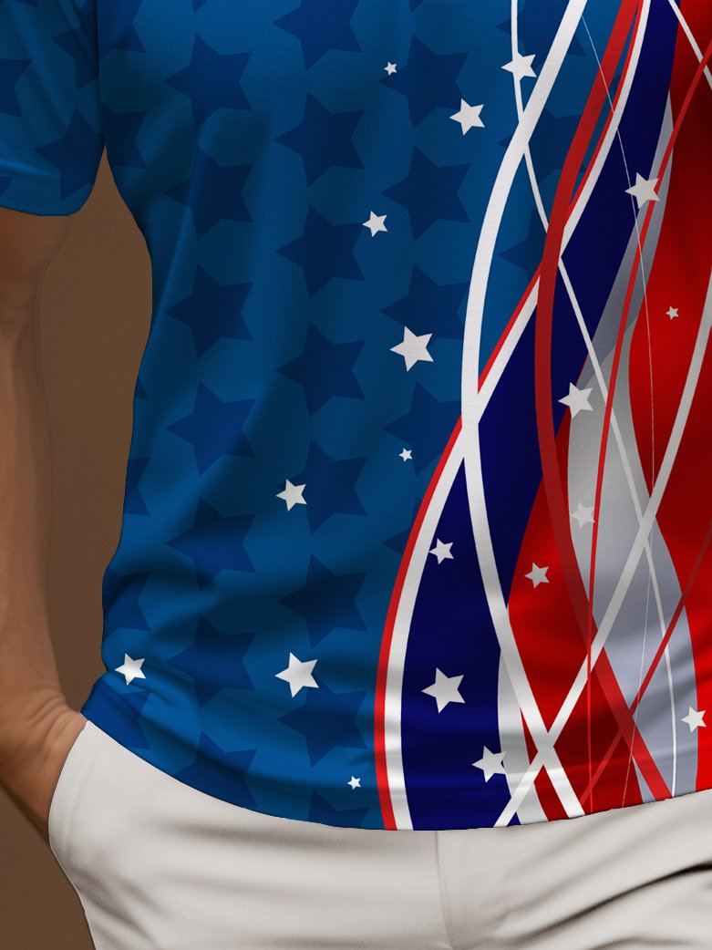 Royaura® Holiday American Flag Printed Polo Shirt Stretch Comfortable Camping Pullover Polo Shirt Big Tall