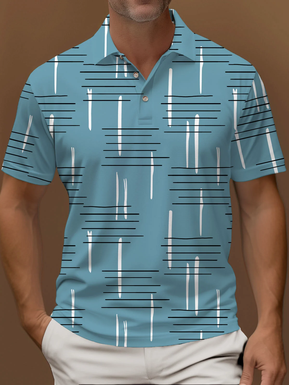 Royaura®  50's Vintage Geometric Line Print Men's Short-Sleeved Polo Shirt