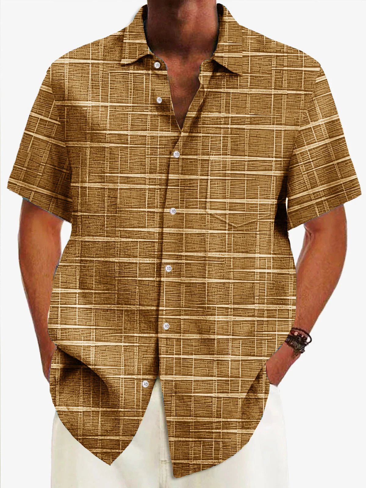 Royaura® Vintage Bamboo Jacquard Men's Casual Shirt Check Pocket Camp Shirt Big Tall