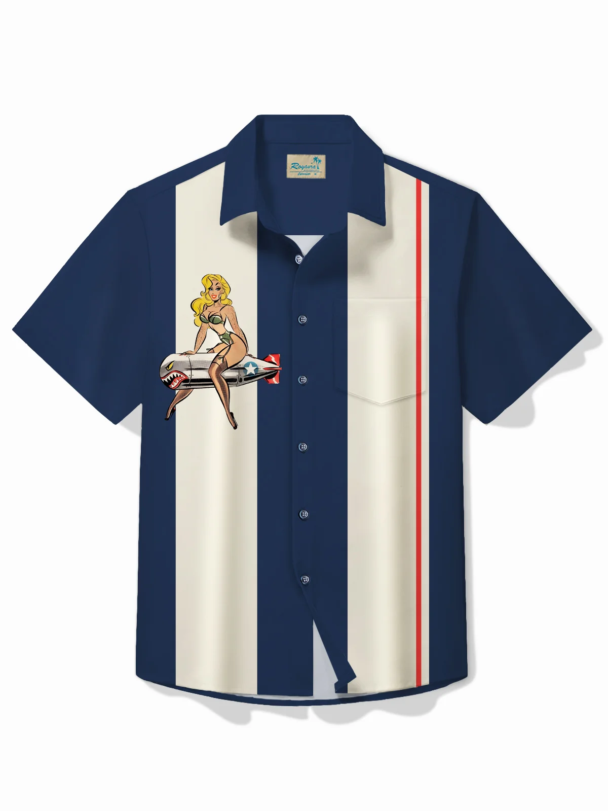 Royaura® Vintage Bowling Cannonball Girls Print Chest Pocket Shirt Plus Size Men's Shirt