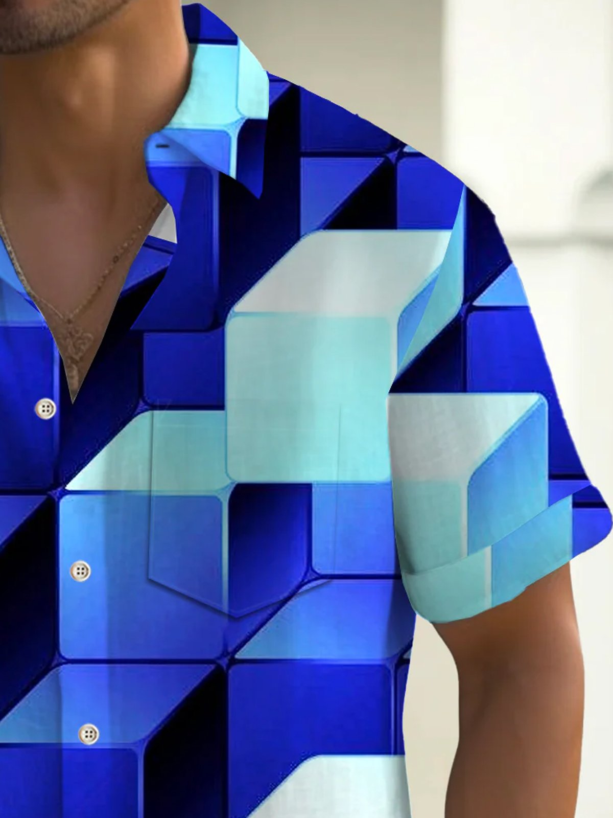 Royaura® Retro Geometric 3D Stereo Blue Print Men's Button Pocket Short Sleeve Shirt