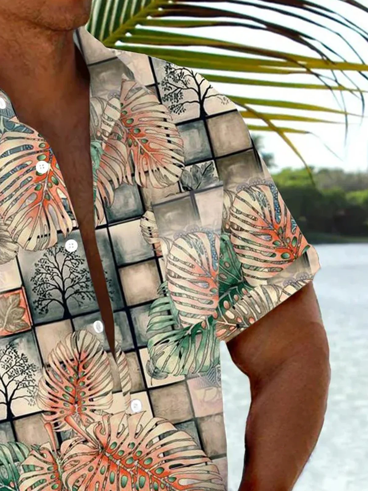 Royaura® Hawaiian Plant Leaves Geometric 3D Print Men's Button Pocket Short Sleeve Shirt