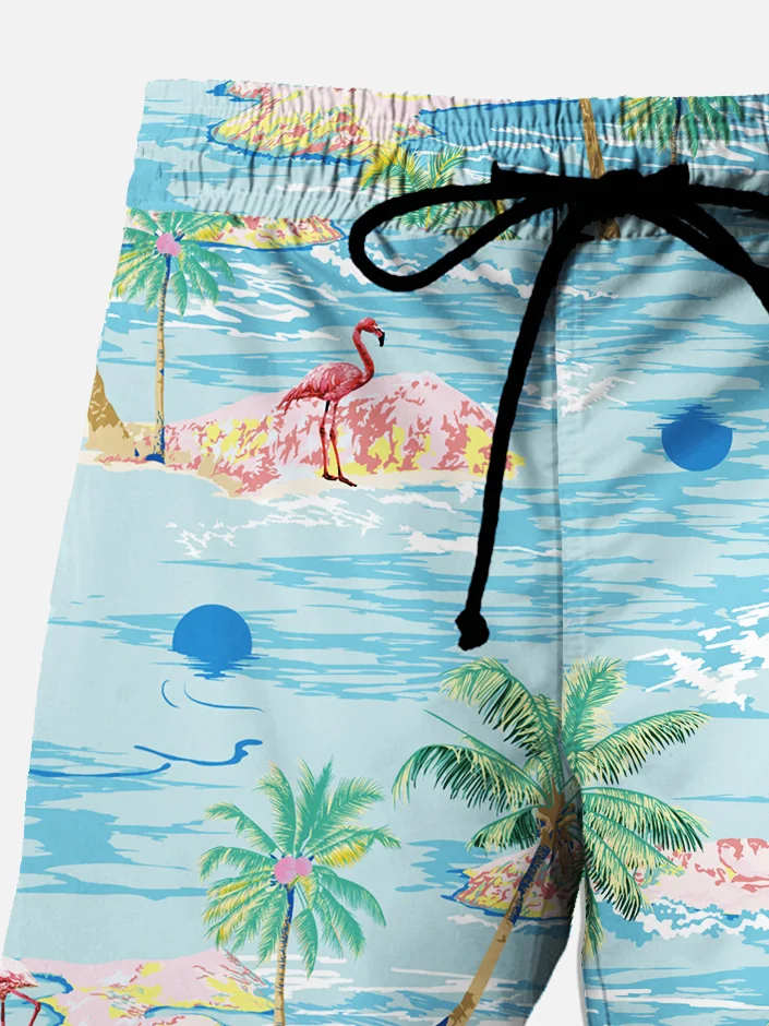Royaura® Hawaiian Coconut Tree Flamingo Print Men's Beach Shorts