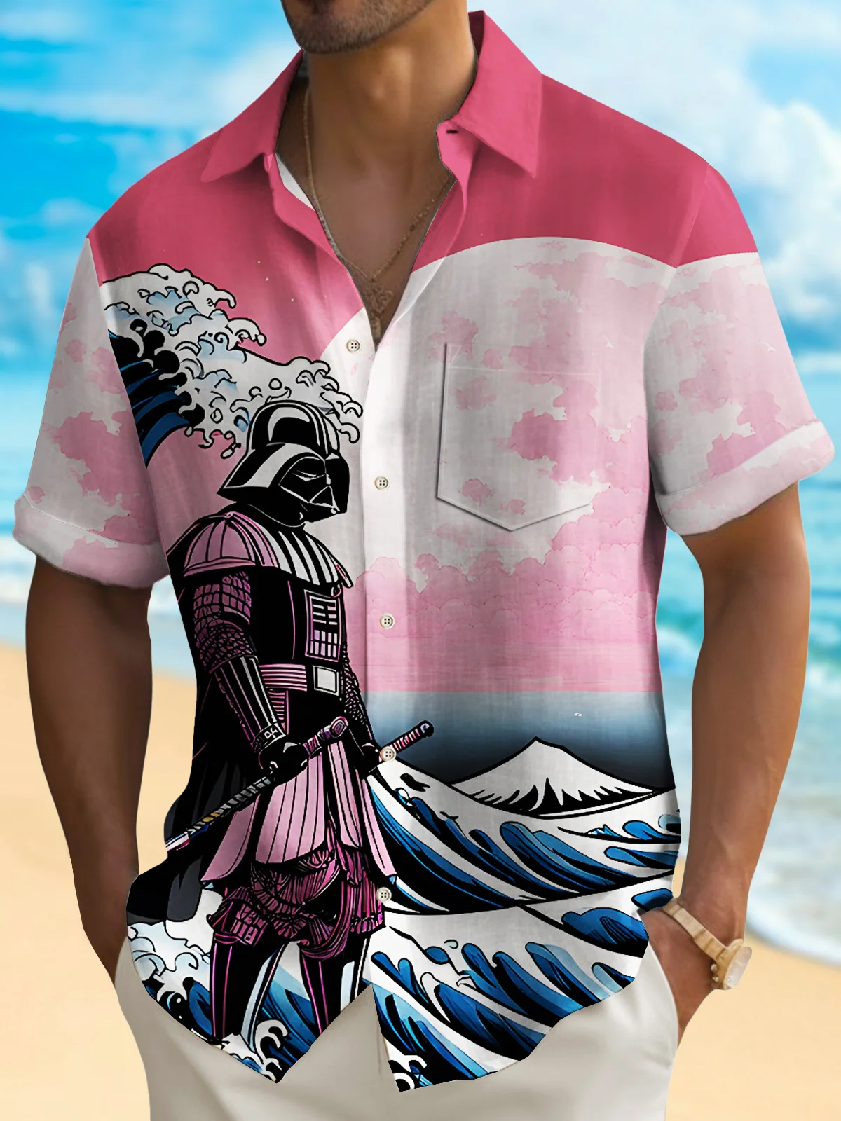 Royaura® 50's Japanese Men's Hawaiian Shirt Ukiyoe Wave Samurai Stretch Camp Pocket Shirt Big Tall