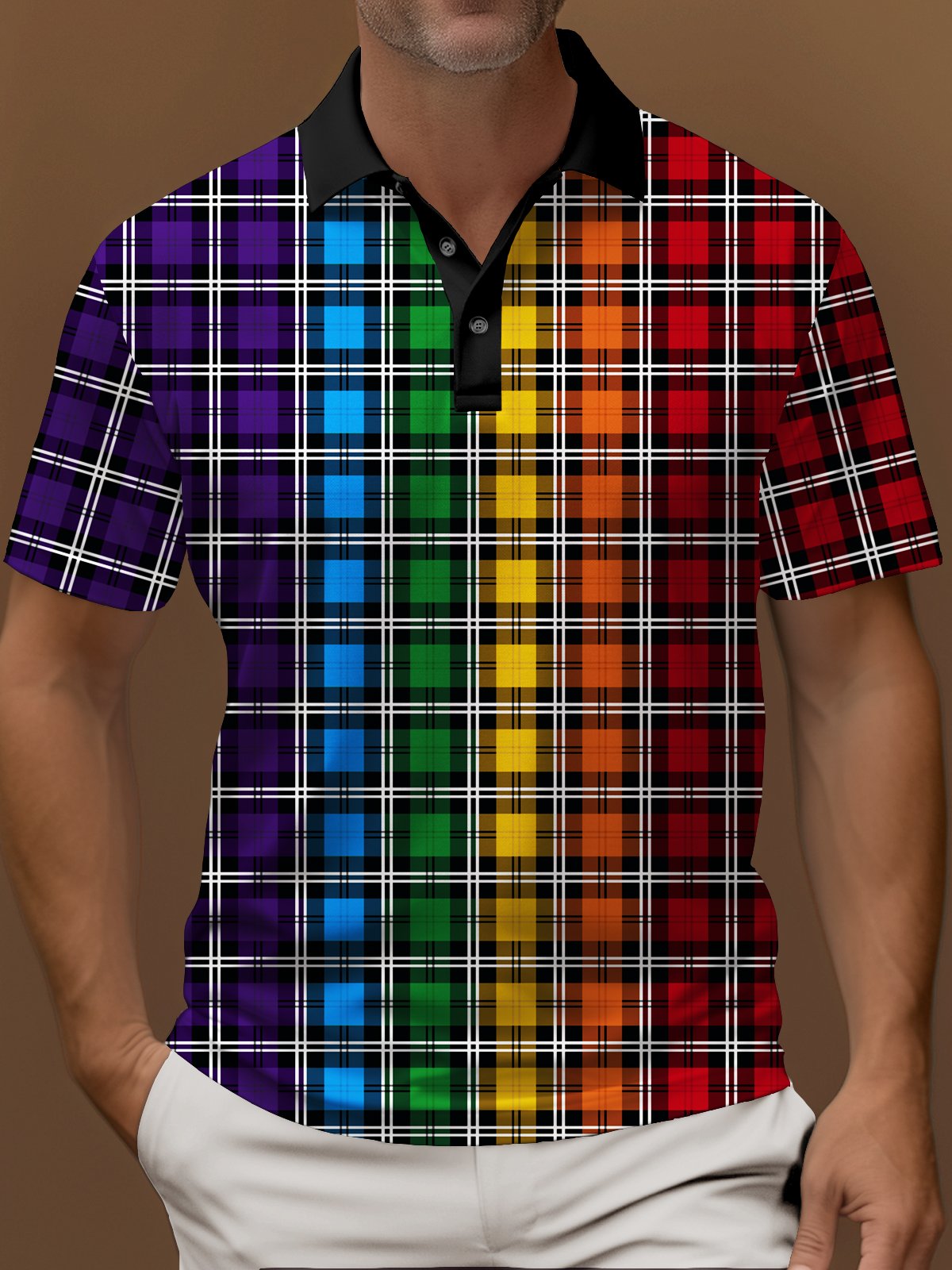 Royaura® Vintage Geometric Colorful Plaid Print Polo Shirt Stretch Comfortable Camping Pullover Polo Shirt Big Tall