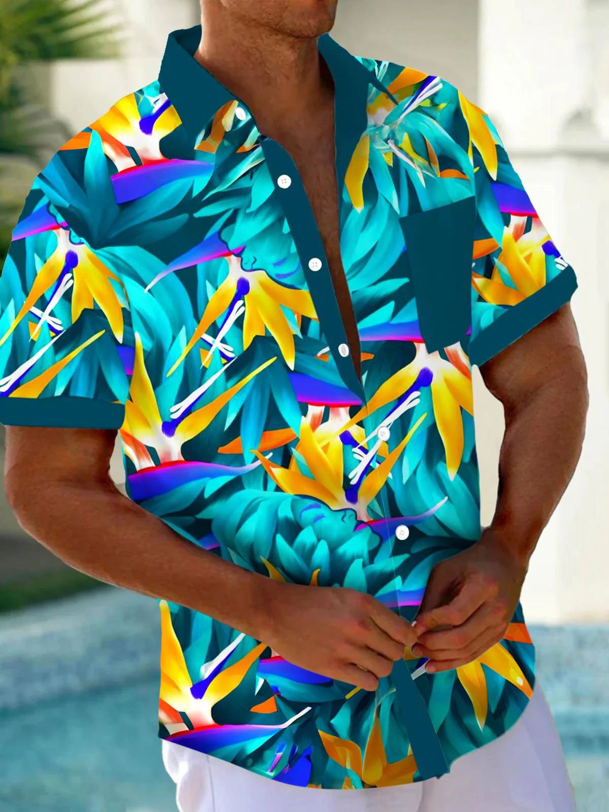 Royaura® Hawaiian Floral Print Men's Button Pocket Short Sleeve Shirt