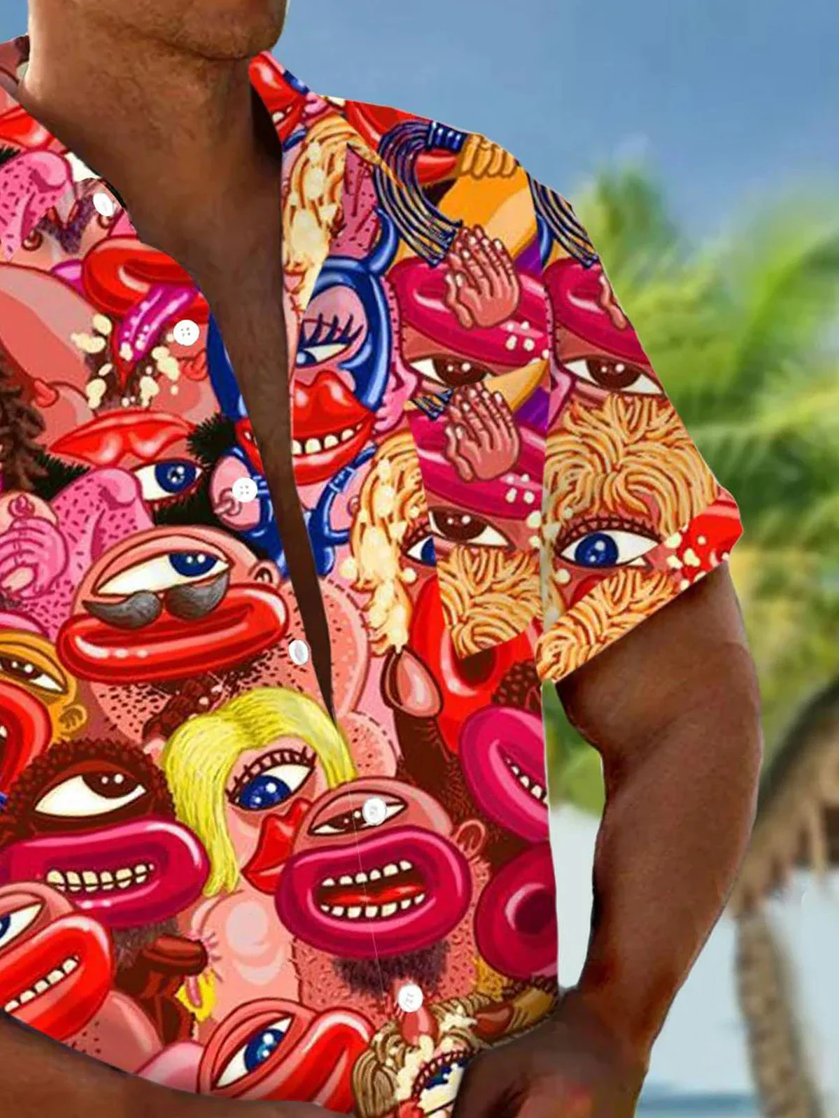 Royaura® Hawaiian Fun Cartoon Print Men's Button Pocket Short Sleeve Shirt